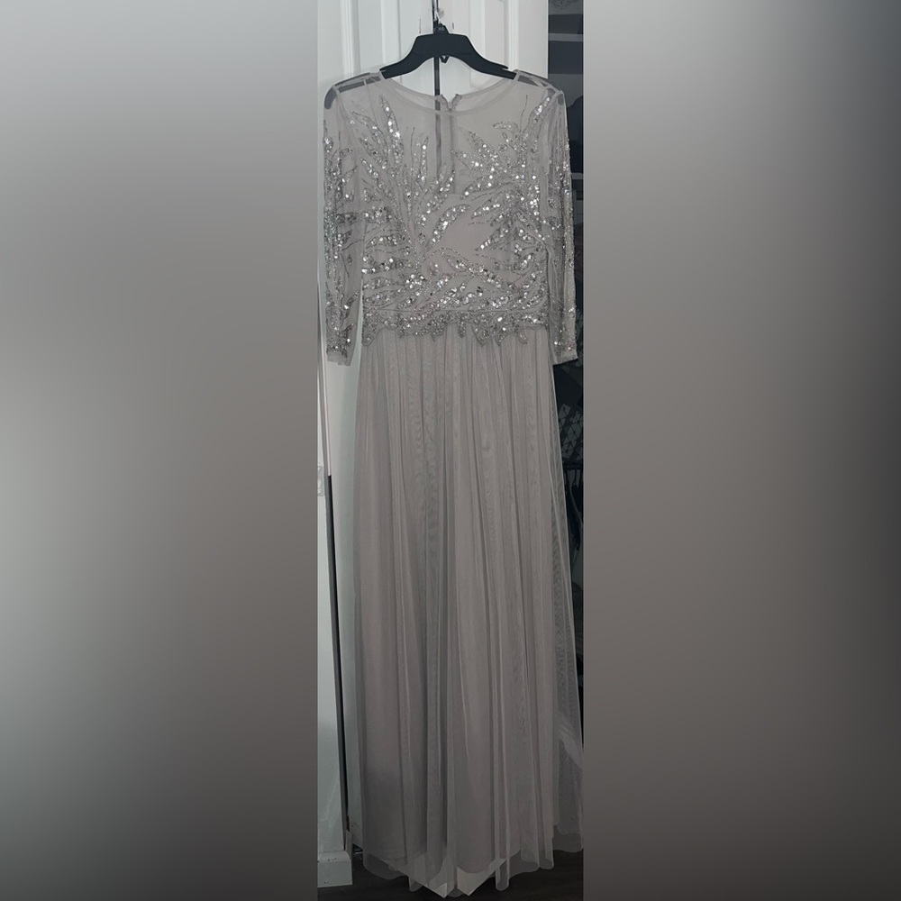 Brand new Adrianna papel modest beaded long sleeve gown with tulle skirt